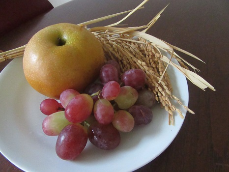 秋分にいちばん近い戌の日の今日は、「秋の社日」。土地のカミサマにお供え物して豊作を感謝します。で、私も、毎年シックな秋色の果物を。／9/23=旧8/23・戊申