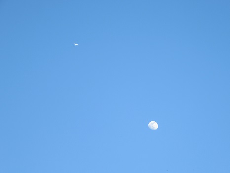 青空に月と飛行機